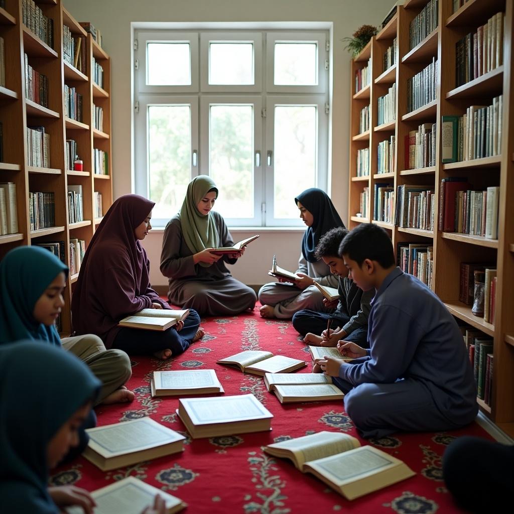 A group of individuals in a library setting studying the Quran together. Soft natural light streams through the windows illuminating the space filled with bookshelves.