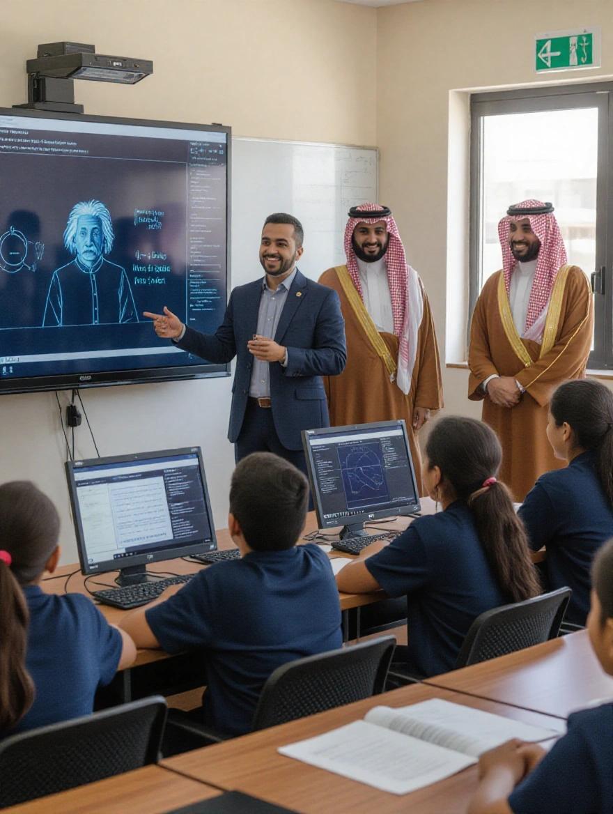 A modern classroom features smart screens with students seated and smiling. Teacher explains a scientific concept. Students in dark blue shirts and brown pants have Egyptian features. A formal-suited teacher smiles in the background. Principal and assistant in traditional Saudi attire watch attentively.
