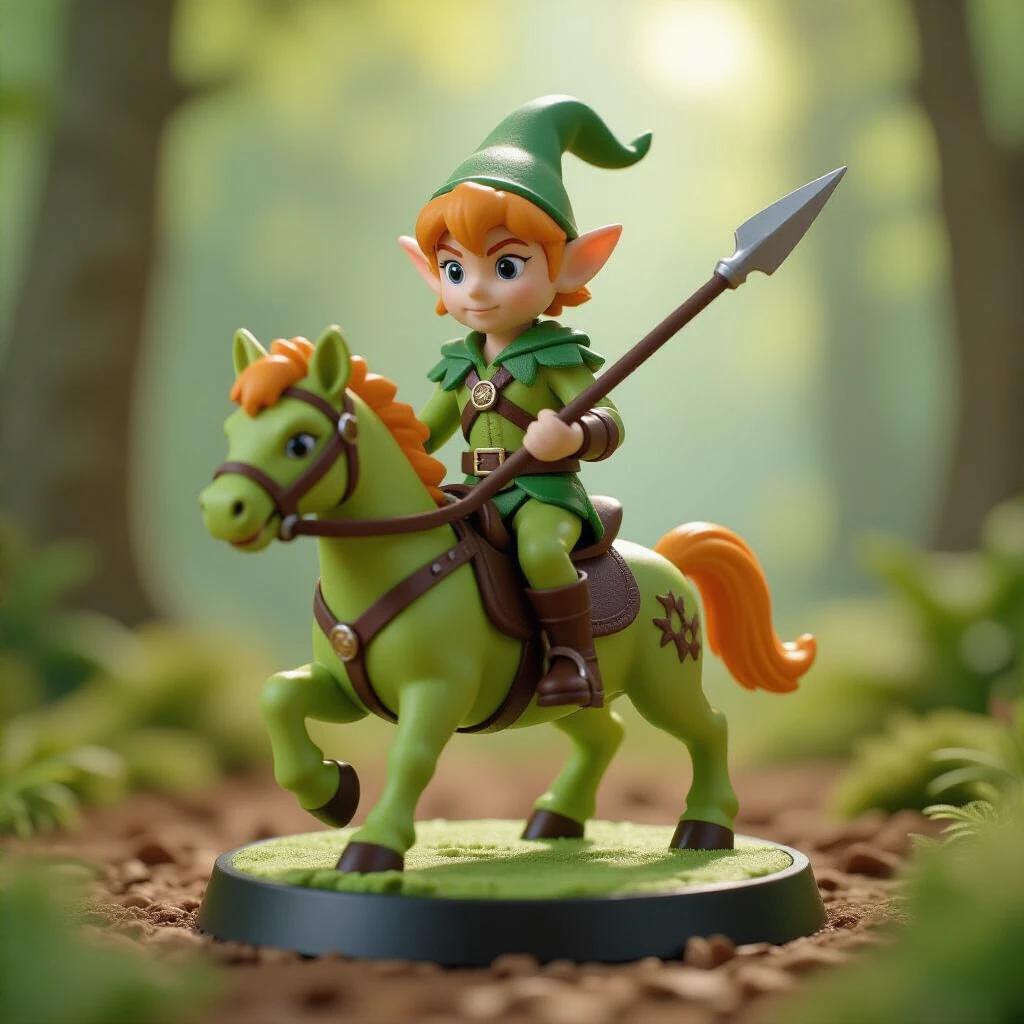 Vintage 2008 Gormiti Prima Serie Root-Rider with lime-green PVC elf on a root-steed. Features a simple leaf saddle and a short spear. The base is a black disk. The image showcases soft studio lighting in a macro toy shot.