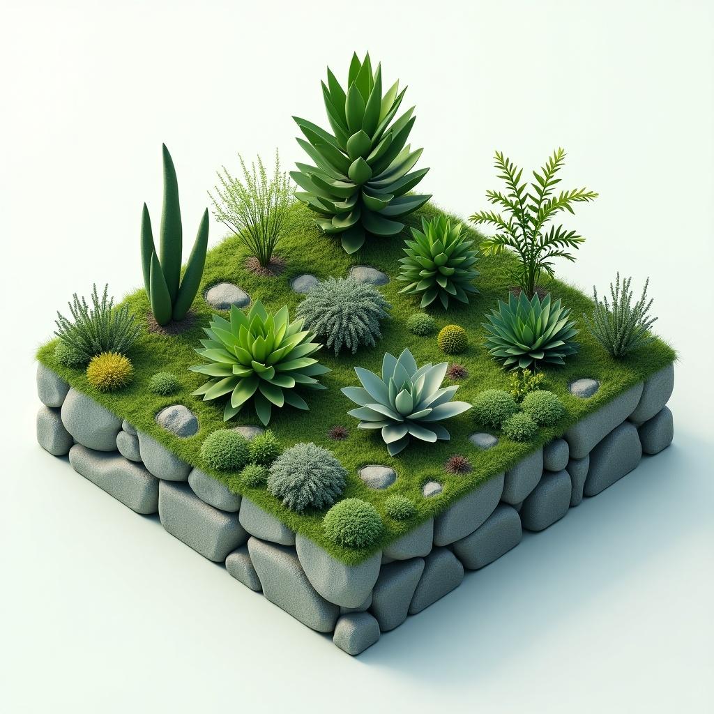 A top view illustration of assorted plants arranged on a square plot. Various types of succulents and greenery on a textured surface made of stone.