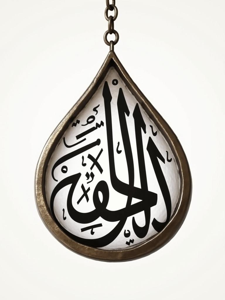 Arabic calligraphy designed in a water drop shape. Calligraphy phrase ‘الاخلاص’. Compact and elegant Thuluth script. Smooth lines fitting the drop contour. Neutral background highlights calligraphy.