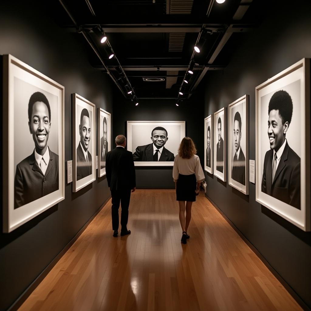 This image depicts an elegant museum room featuring floor-to-ceiling black and white photographs. The walls of the gallery showcase portraits of African American graduates. A couple of visitors are seen walking through the exhibit, engaging with the powerful imagery. The lighting is soft, highlighting each photograph while creating a warm atmosphere. The sleek, modern design of the gallery complements the art on display, making it a beautiful space to appreciate culture and history.