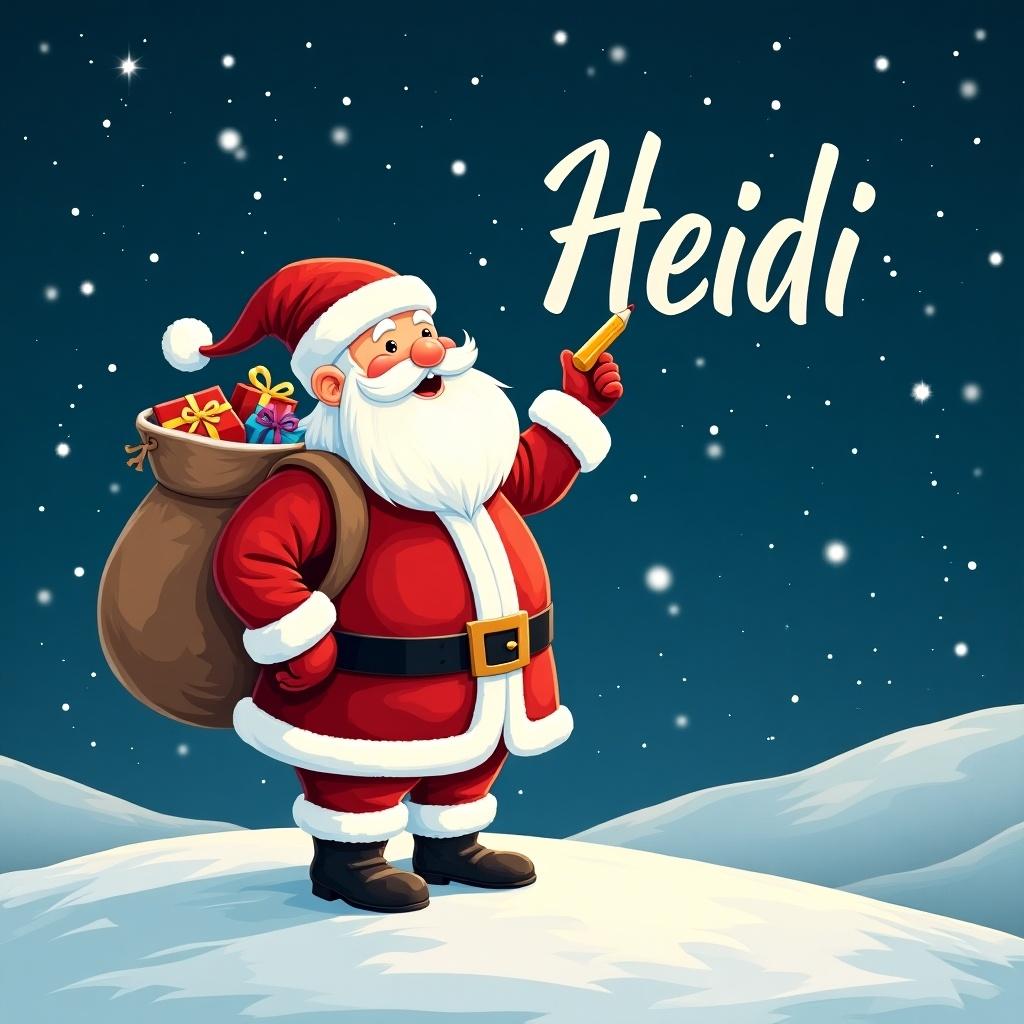 Santa Claus stands on snowy hill. Night filled with stars. Writing names in the sky. Dressed in red and white. Large sack of gifts on back. Name 'Heidi' in whimsical font.