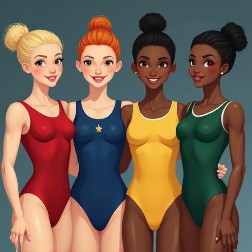 four gymnasts standing in line together wearing colorful swimsuits. A blonde woman in red. A fair-skinned redhead in blue. A dark-skinned girl in yellow. An Asian girl in green.