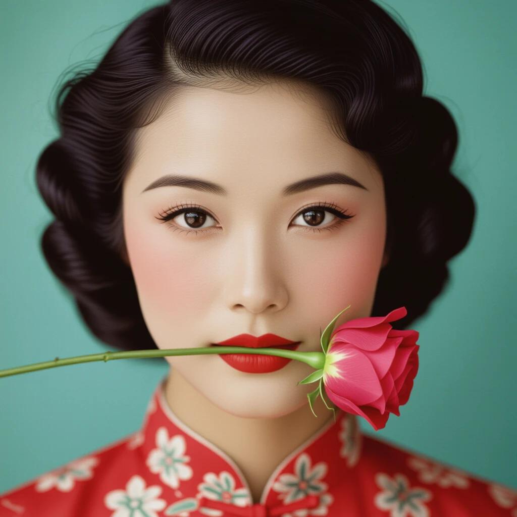Closeup of a 1940s Shanghai woman. Red floral dress. Rose placed in the mouth. Hair styled in retro waves. Soft background color. Emphasize elegance and tradition.