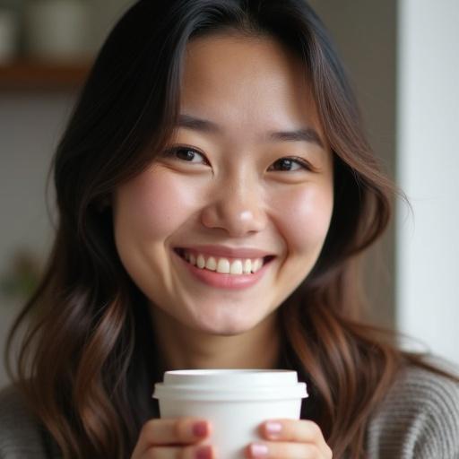 Young Asian woman is smiling while holding a cup of coffee. Warm tones and natural light enhance a cheerful mood.