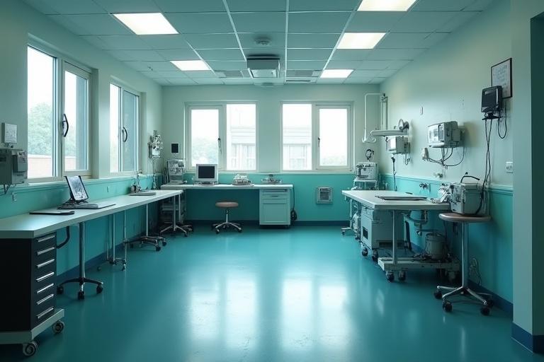 A laboratory room with medical equipment and workstations. The room features teal flooring, light green walls, and large windows providing natural light. The space is organized with various medical devices and a computer.