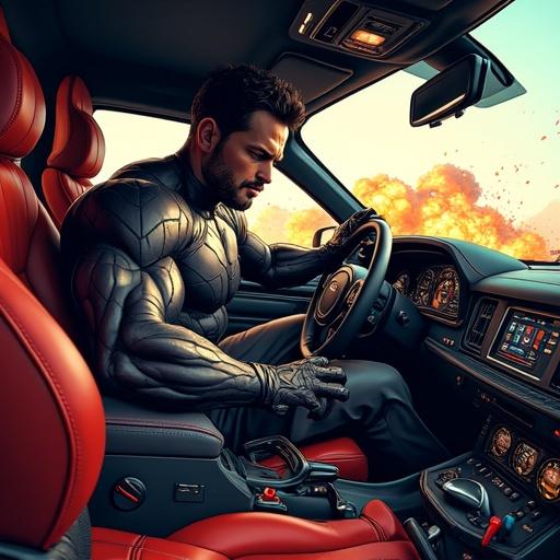 A superhero in an armored car in a dramatic low-angle shot. Muscular arms grip the steering wheel. Explosions and fire surround the car. The cabin features digital screens and wires. Comic-style with black outlines and vivid colors, influenced by Marvel comics. Show dynamic motion with ultra-detail at 8K resolution.