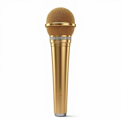 Modern luxurious gold microphone with embedded gemstones. Elegant feminine design with shiny metallic finish. Sparkling details create a high fashion accessory style. Isolated on pure white background with clean studio lighting. Photorealistic appearance with soft shadows for a premium product look suitable for PNG export.