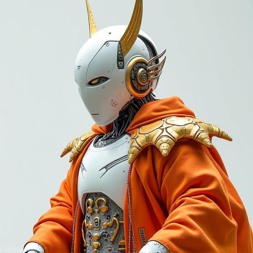 Realistic photo of Android mechanical robot Elite warrior-poets of the Silla Dynasty in fighting pose. Cybernetic guardians of culture and emotion in the AI era. Visually striking presence symbolizing new cultural renaissance of aesthetics and technology. Fusion of white, orange, and cybernetic textures depicting evolution of Korean identity.