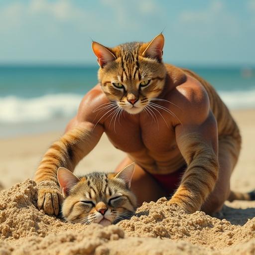 An ultra-realistic photograph featuring a hyper-muscular anthropomorphic bodybuilder cat. The cat wears competition-style speedos. The muscular tabby with striated abs gleefully buries another cat in beach sand. The massive cat uses shovel-like paws to pile golden sand onto its victim. The buried cat's head shows a mix of annoyance and resignation in its expression.