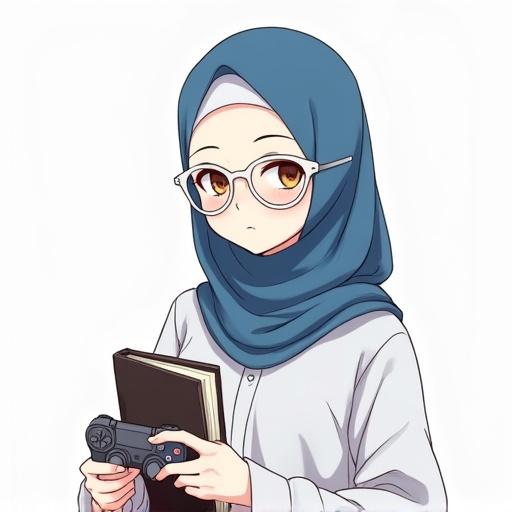 Anime-style illustration of a girl in white cat-eye glasses wearing a blue hijab and a collared shirt. She holds a PlayStation controller in one hand and a book in the other. Clean, minimalistic design with the letters 'MH' drawn on the side.