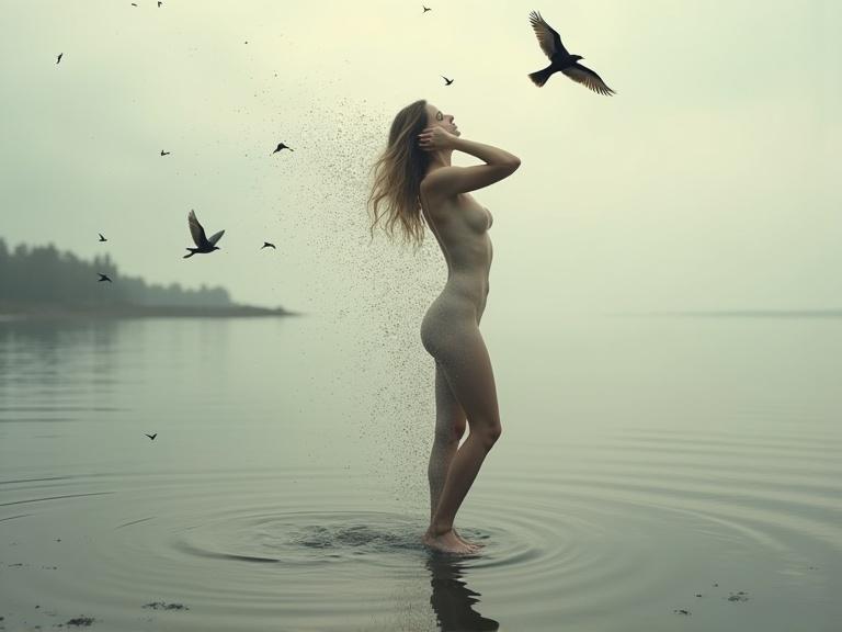 Create a surreal scene with a woman dissolving in water. She stands gracefully at the water's edge, her body transforming into particles. The background features a calm body of water under a soft overcast sky. Birds fly overhead, adding movement. The mood evokes introspection and connectedness with nature.