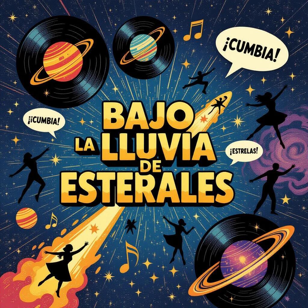 Comic book cover featuring an energetic cumbia theme. Graphic collage with cosmic elements. Vinyl records, dancers, comets, and musical notes. Deep colors and bold logo.
