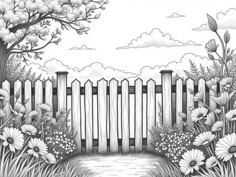 Illustration of a wooden fence in the countryside with detailed flowers and foliage. Linear art style, no color fill.