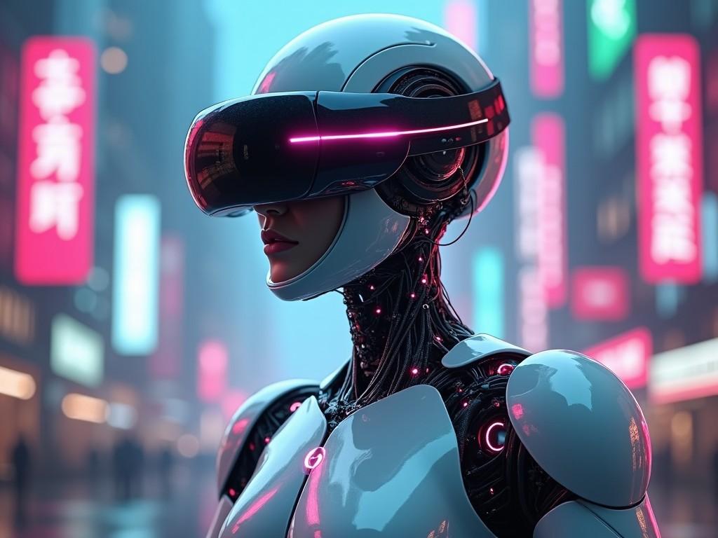 A humanoid robot in a cyberpunk city wearing a VR headset, with neon signs in the background.
