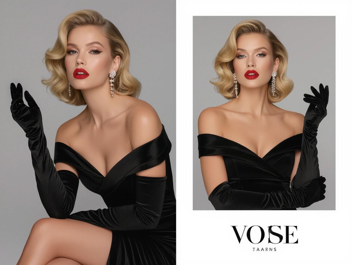 Image depicts a woman exuding modern elegance. She has blonde curls styled beautifully. Makeup is sophisticated with red lipstick. Dressed in a glamorous black off-the-shoulder dress. Accessories include sparkling earrings and black gloves. Left hand is raised while right hand rests at her side. Overall impression reflects sophistication highlighting her legs and feet in fashionable platform high heels.