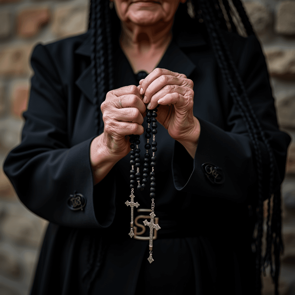 A close-up of a person holding a large black rosary with ornate metal crosses.