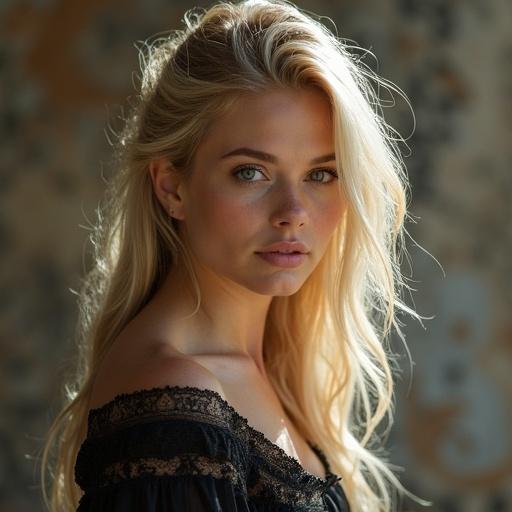 A blonde woman with long hair dressed in a black off-shoulder outfit. Natural lighting enhances the beauty and ethereal quality of her appearance. The focus is on her facial features and gentle expression.