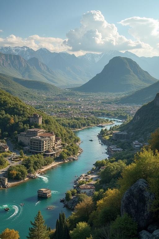 Landscape showing a clean energy theme. Highlights a peaceful city within nature. Features a river flowing through mountains. Lush green trees and sunlight enhances the setting.