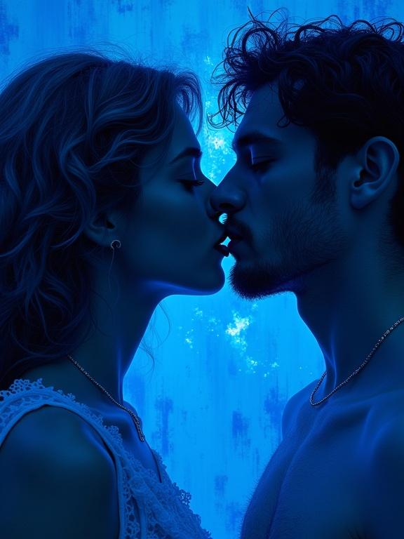 Close up of an in love couple kissing. Surreal impressionist art style with vibrant blue textures. Deep shadows and glowing blue light create an ethereal atmosphere. Sharp details with high contrast. Inspired by Yves Klein's work. Maximalist approach to photography with a cinematic feel.
