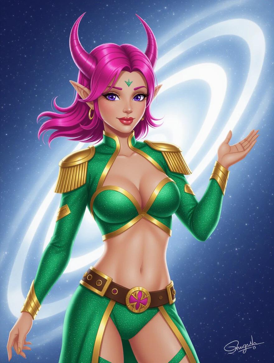Full body portrait of a glamorous character with pink hair and green outfit. Cosmic background includes ringed planets and stars. Stylish fantasy art featuring vibrant colors and detailed design.