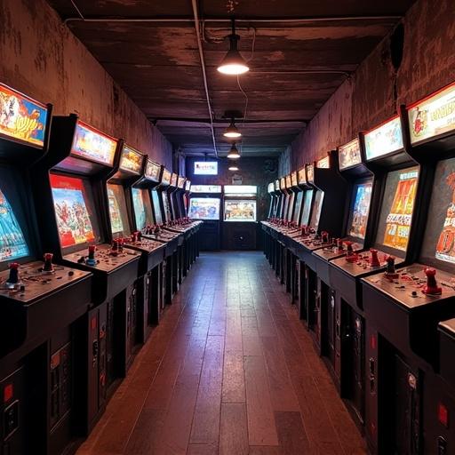 A long dim-lit dusty video arcade hall with wooden floors packed with 30 arcade machine cabinets with 15 on the left and 15 on the right. The arcade exudes a 1998 vibe showcasing competitive arcade fighting games typical of the 1990s and early 2000s.