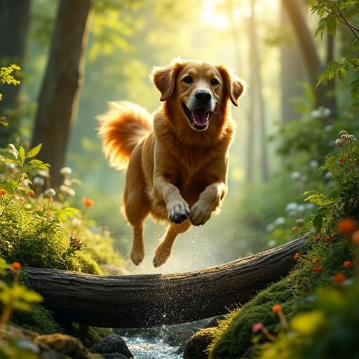 A golden retriever bounds joyfully through a lush green forest. The dog leaps over a fallen log. Sunlight filters through the dense canopy. The ground is rich with foliage and soft moss. Background features ferns and colorful wildflowers. A gently flowing stream adds depth. Water droplets glisten around the dog in motion.