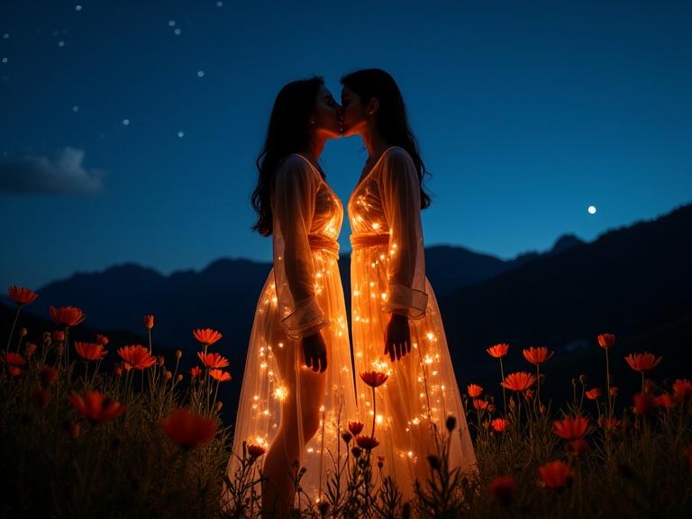 Two silhouetted women kissing in a field of wildflowers at night. They wear glowing, translucent nightgowns. The gowns have long sleeves with orange flowers. The dark sky is dotted with stars. Distant mountains are visible in the background. The scene has a dreamy, surreal quality.