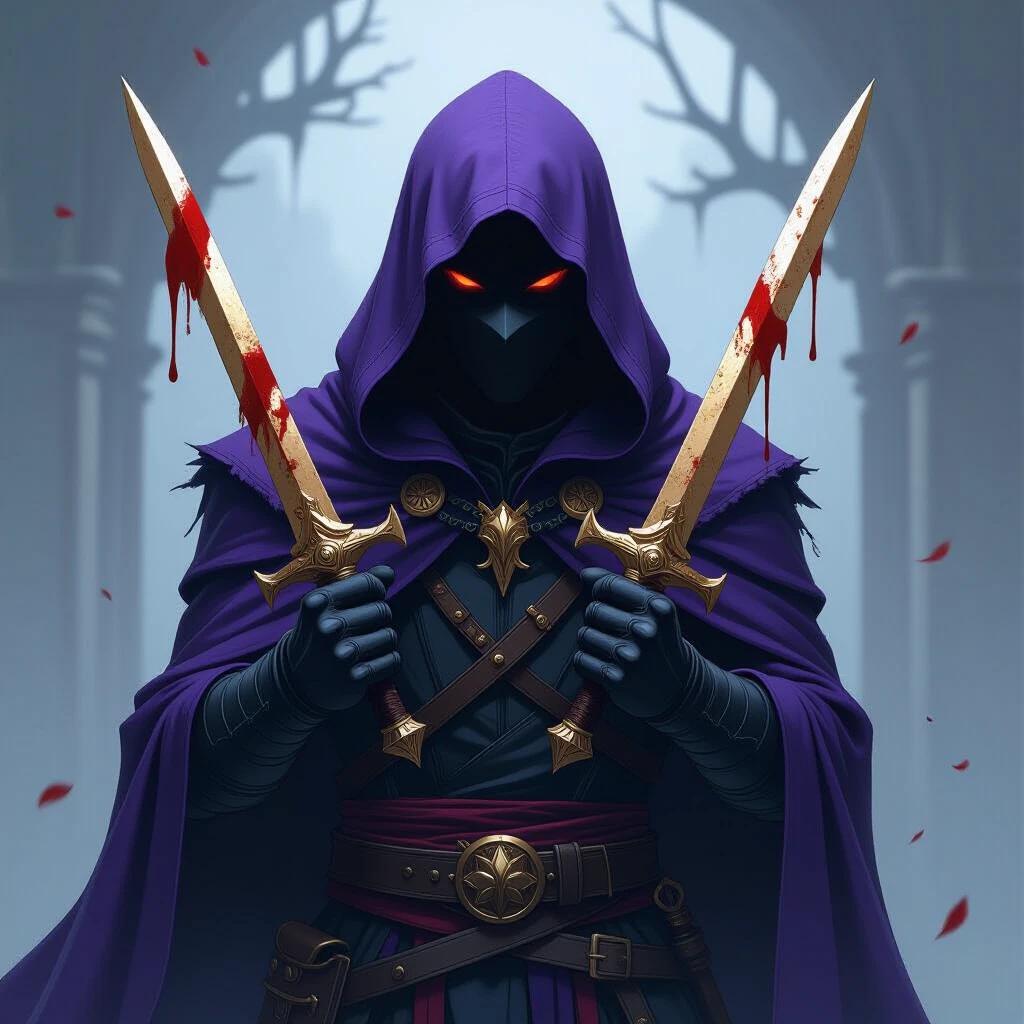 A shadowy hooded figure is portrayed in purple, black, and blue colors. The figure holds two bloodstained golden daggers. An eerie background enhances the theme.
