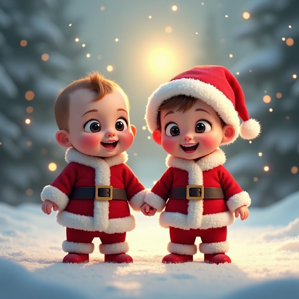 Two animated babies dressed for winter in Santa Claus clothes stand in snow with cheerful expressions. Background shows soft snowflakes and festive lights. Light glows warmly.