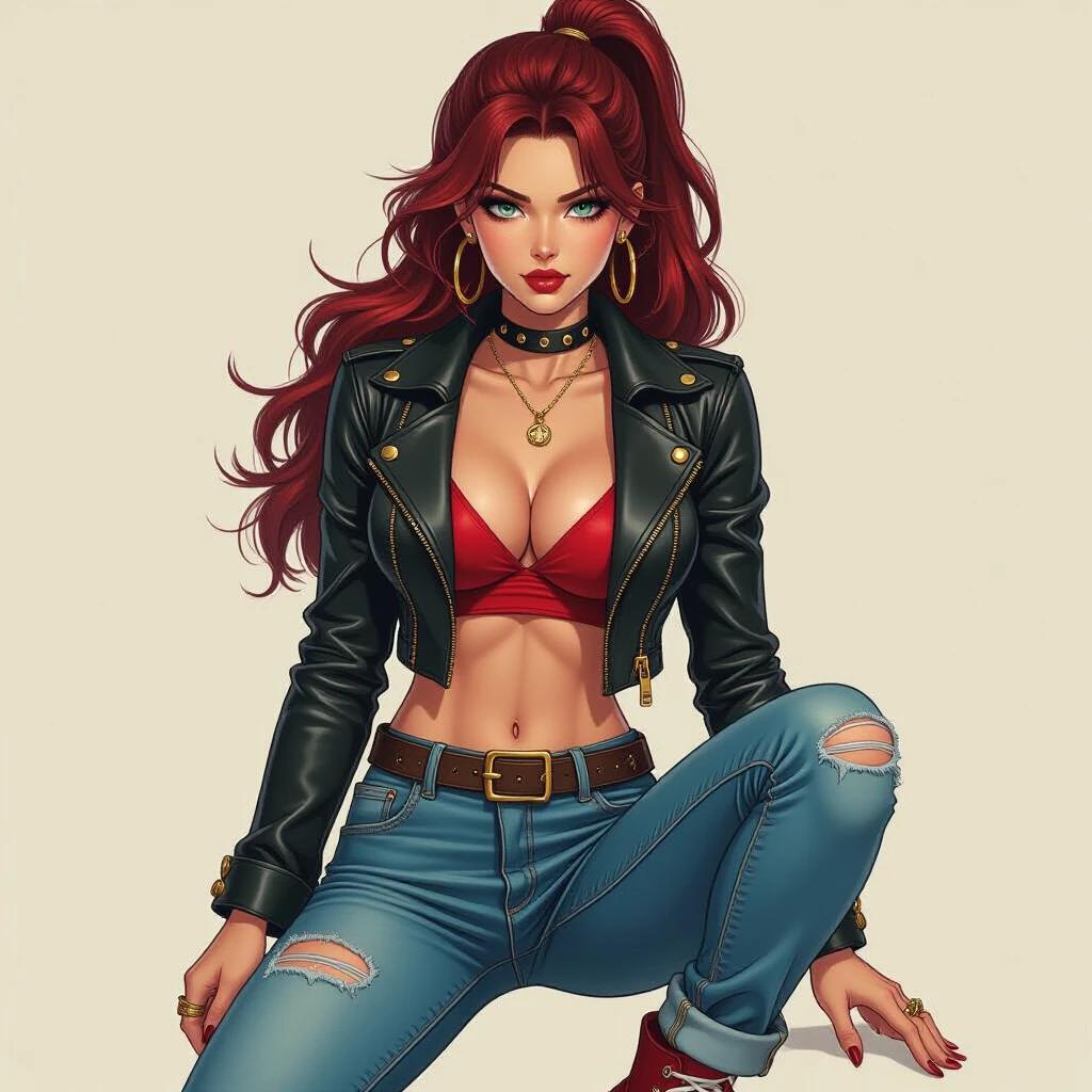 Detailed illustration of a confident female character. Wearing a black leather jacket with red crop top. Tight leather jeans and red converse shoes. Long flowing red hair styled. Background is simple and scratched to enhance character focus. Heavy use of acrylic ink and watercolor for depth. Art seen on platforms like ArtStation.