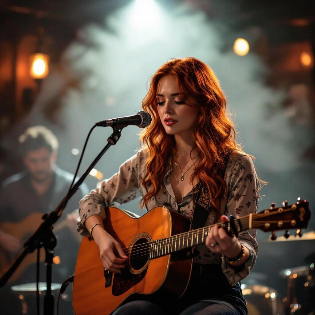 Pretty red-haired Irish girl playing guitar on a big stage in a smoky pub. Shot from 30 feet away, dark night scene with a musician in the background.