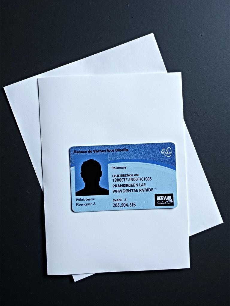 French national identity card placed on a dark surface with white paper underneath. ID card predominantly blue and white. Strong contrast between card and paper is visible.