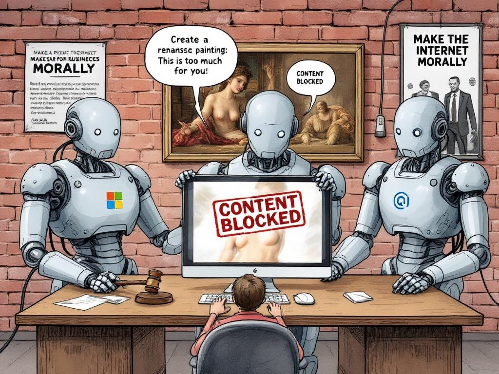 Cartoon about artist with AI robots blocking content. Frustrated artist at desk typing prompt. Robots with Microsoft, Google, and OpenAI logos. Content blocked message on screen. Background with shadowy figures. Moral and political theme.