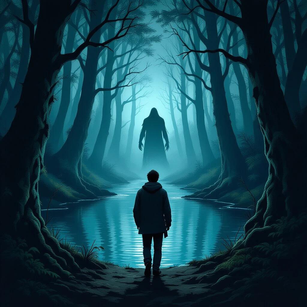 A dark forest with a mystical atmosphere. A lone person stands by a lake looking back at a figure emerging from the water. The surroundings are filled with shadows and a haunting ambiance. Focus on fear and desperation.