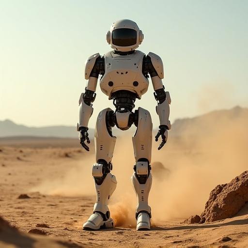 A robot stands alone in a vast desert landscape. It appears modern and sleek with a white finish. The desert is characterized by sand and distant mountains.