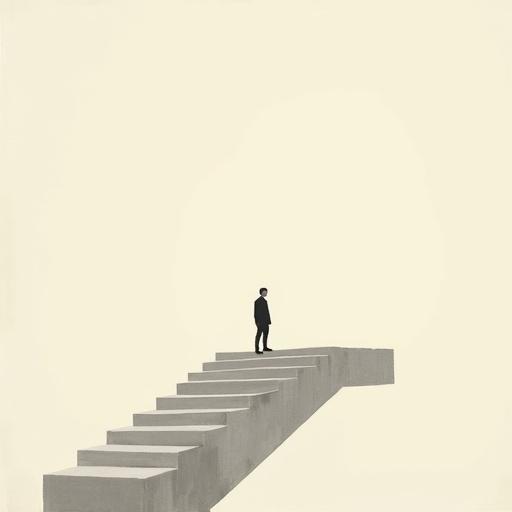 Tiny human standing at the edge of a staircase. Minimalist surreal illustration. Oversized objects. Vast negative space. Clean background. Elegant composition. Contemporary wall art aesthetic. Subtle grain texture. Modern poetic tone.