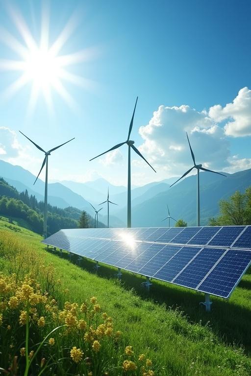 Image showcases solar panels and wind turbines in a landscape. Bright sun shines over the scene. Nature and renewable energy coexist.