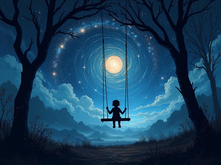 An artistic representation of a child on a swing under a night sky filled with stars and galaxies. Features silhouettes of trees framing the scene. Elements of childhood memories are subtly included. Style is expressive digital painting with visible textures and a dreamlike mood.