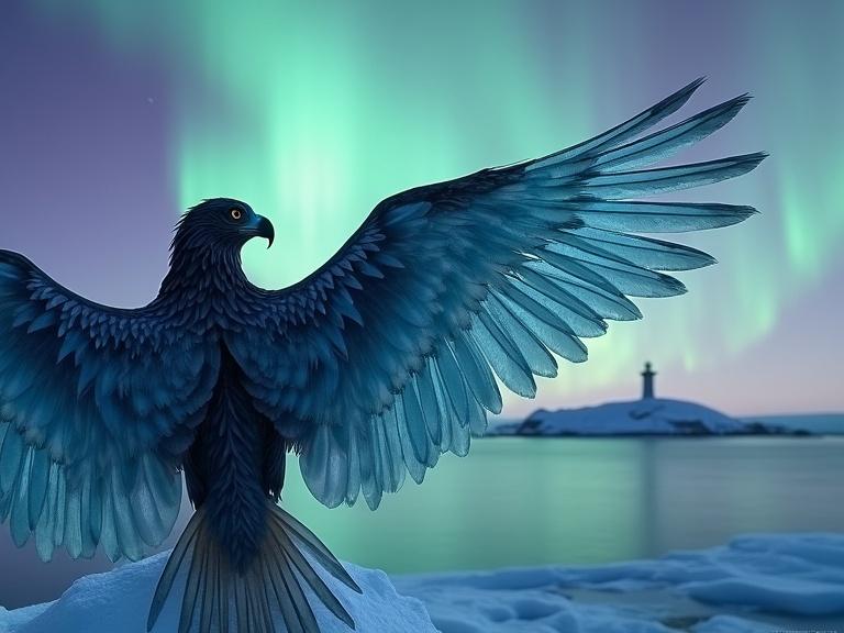 Closed profile of a bird of prey. Feathers composed of Arctic Ocean waves and ice slopes. Above wings, green and purple auroras dance in the sky. In distance, solitary lighthouse visible.