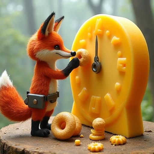 A fox wears a toolbelt. Fox works on a clock made of cheese. Clock has cogs that are tiny donuts.