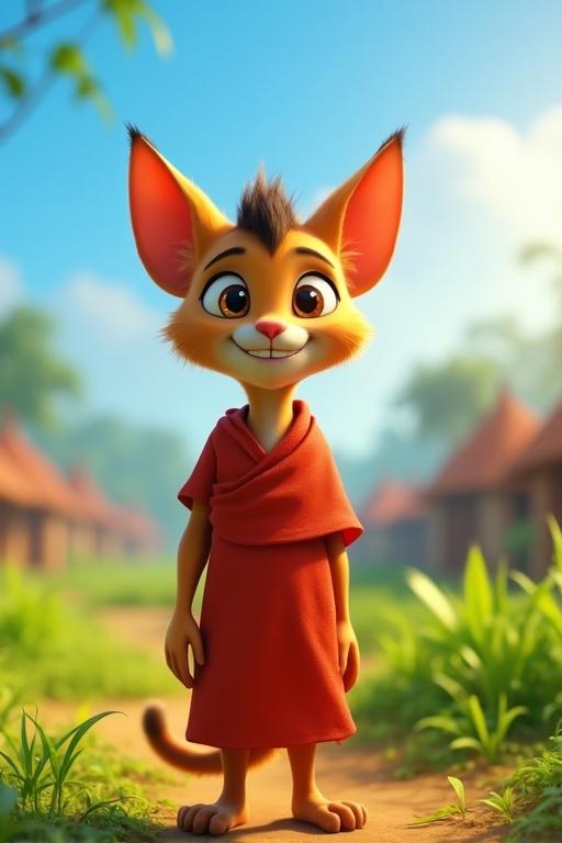 Radiant ultra-HD 4K 3D scene in a vibrant Bengali village with lush green fields and colorful huts under a blue sky. Rudra is a young cat-boy in a bright red tunic. He stands on two legs and has expressive eyes and a cheerful grin, showcasing childlike courage. The image features ultra-vibrant colors and hyper-realistic textures with blinding sunlight illuminating the scene. Includes a cinematic aspect ratio and a dynamic camera focus on Rudra's face.