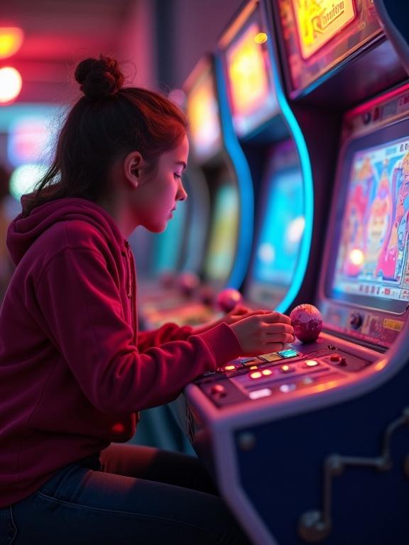Young girl playing a game at the arcade. Scene filled with bright neon lights and colorful arcade games. Side view captures her focus and enjoyment. High resolution with slight saturation.