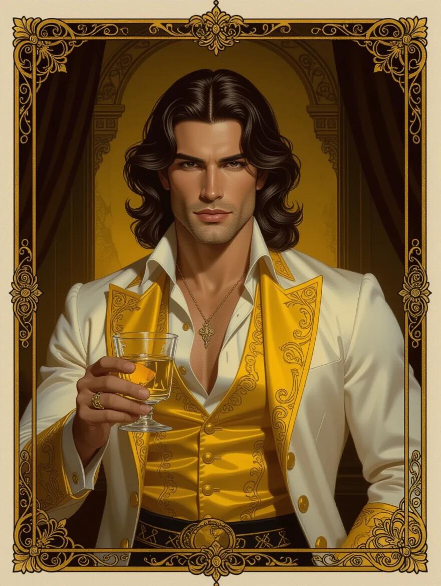 Oil portrait of a muscular Spanish man in modern formalwear. Long wavy brown hair tied back. Dark tan skin. Holding a glass of absinthe in a dim mansion room. Ochre color scheme. Atmosphere is dark and mysterious. Surrounded by an Art Nouveau border.