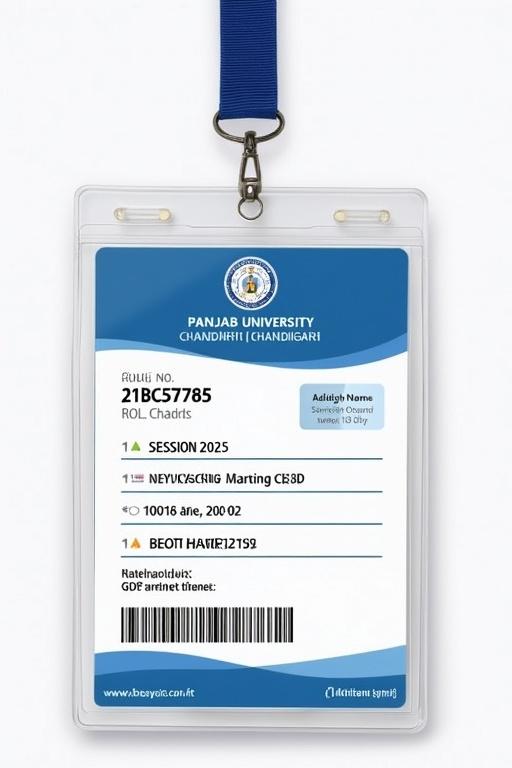 Image of a student ID card with blue and white design featuring details such as name, ID number, and session year. A lanyard is attached for easy carrying. Includes roll number and university branding.