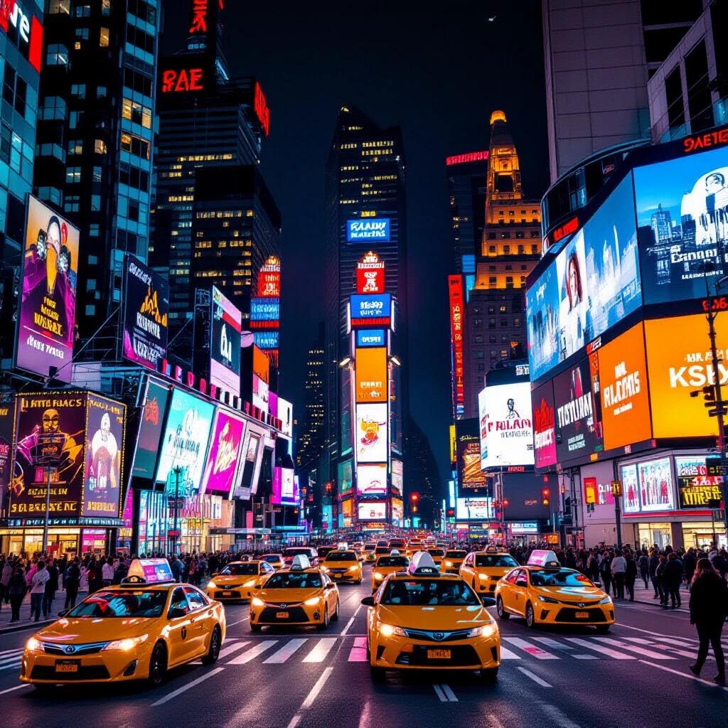 Night scene of Times Square in New York City. Bright neon billboards light up crowded streets. Yellow taxis are everywhere. Buildings create a skyline backdrop.