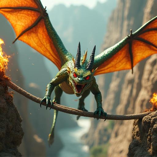 Massive flying serpent with iridescent green and gold scales lunges onto burning rope bridge. Wide leathery wings, piercing red eyes, black horns, sharp fangs, electric-blue energy. Rendered in cinematic Pixar-style with epic lighting. Surrounding fire, snapping ropes, debris, mist-filled canyon below.
