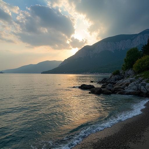 Evening sunset over the sea. Scenic view with mountains and clouds. Peaceful beach setting. Soft waves lapping at the shore.