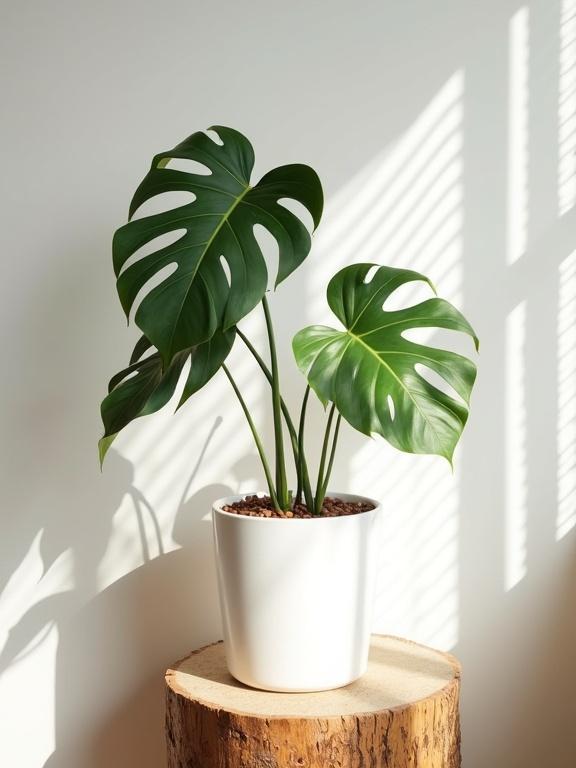 Photo of a monstera plant in a white ceramic pot placed on a wooden stump. Natural light illuminates the scene casting shadows from window blinds. Features large green leaves with characteristic holes, pot filled with small brown pebbles. Wooden stump exhibits rough texture and grain. Background consists of a white wall. Composition shows a minimalist and modern aesthetic with soft shadows and warm sunlight creating an inviting atmosphere. High quality and sharp details; colors are natural. Simple and elegant setup with the plant in the foreground and pot slightly to the left. Indoor daytime scene with no people, evoking a relaxed and peaceful vibe.